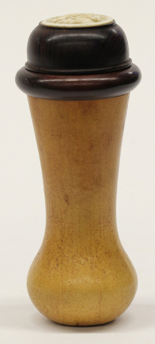 Chinese Gourd Form Cricket Cage: Chinese gourd and wood cricket cage, with a low slung body and a flared neck fitted with a wood rim, together with a wood lid centered with a plaque pierced with a dragon, 5.75"h