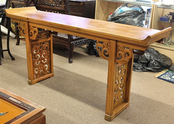 Softwood Chinese Altar Table: Chinese softwood altar table, with a single panel top set with swallow tail terminals, above a plain apron and tendril form spandrels flanking the supports, the side panels further pierced with scroll