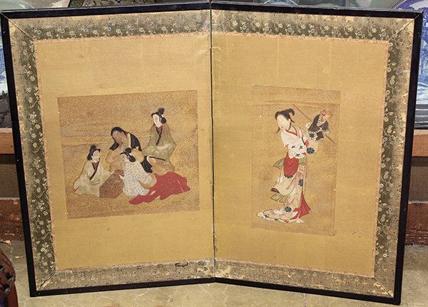 Japanese Two Panel Screen: Japanese two panel screen, the left panel depicting women playing go, and the right panel a woman playing with a puppet, images of the 17th century early Edo period, ink and color on paper, overall: 3