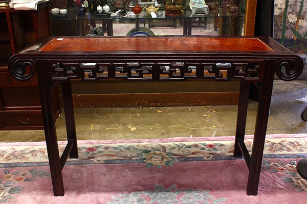 Chinese Burlwood Top Altar Table: Chinese altar table, with a burlwood top inset within a hardwood frame, the openwork scroll apron joined to straight supports, 34.5"h x 59.75"w