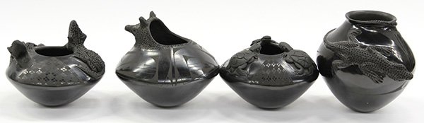 Mata Ortiz effigy pots, signed: (lot of 4) Mata Ortiz pots in black on black having various animal effigies, three are signed by Jose Quezada and one by Rito Talavera; tallest 6.5"h. Provenance: Property from the collection of the D
