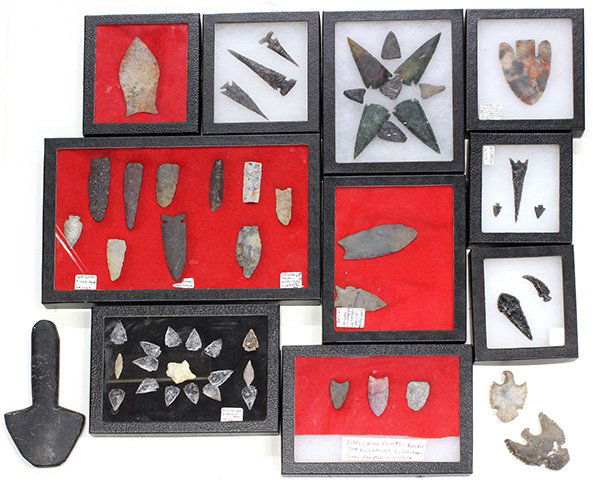 Pre-historic Native American points and axes: (lot of 13) Ten shadow boxes displaying Pre-hisotric points, and axes, including a diorite 'spud', several obsidian points, knapped clear quartz points; together with three Clovis points Provenance: P