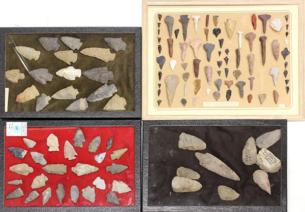 Pre-historic knapped stone projectile points, drills,: (lot of 4 shadow boxes) Pre-historic knapped stone projectile points, drills, and scrapers. Provenance: Property from the collection of the Dr. Mary Anne Warren Estate