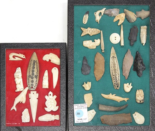 Inuit style carvings: (lot of 2 shadow boxes) Inuit style carved bone elements including hooks; and knapped stone points