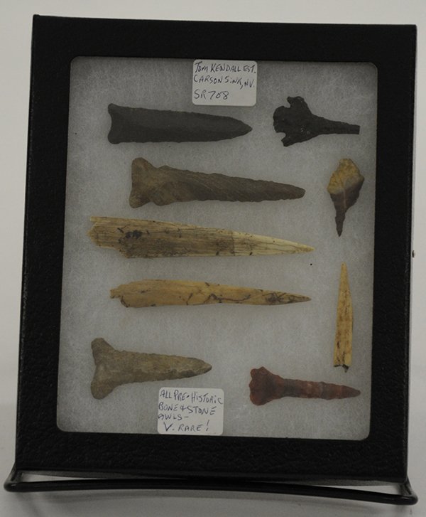 Pre-historic flint and chert tools: (lot of 5 shadow boxes) Pre-historic knapped flint and chert tools including projectile points, drills and awl Provenance: Property from the collection of the Dr. Mary Anne Warren Estate