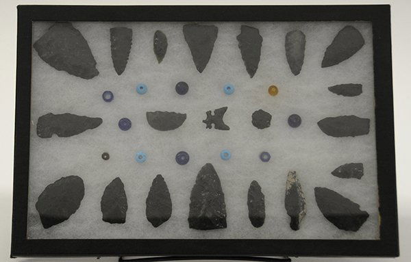 Obsidian projectile points: (lot of 3 shadow boxes) Obsidian projectile points and scrapers attributed to California and Oregon Provenance: Property from the collection of the Dr. Mary Anne Warren Estate