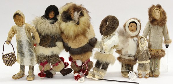Native American, Inuit style hand-crafted wood and: (lot of 7) Native American, Inuit style hand-crafted wood and cloth dolls, most dressed in mixed furs, 12"h Provenance: Property from the collection of the Dr. Mary Anne Warren Estate