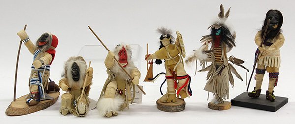 Native American Iroquois corn husk dolls: (lot of 6) Native American Iroquois corn husk dolls traditionally dressed, and posed for ceremonial dance, tallest: 8"h