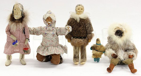 Native American Inuit dolls: (lot of 5) Native American Inuit dolls of mostly hide, and appropriately dressed with fur coats and trim, tallest: 11" Provenance: Property from the collection of the Dr. Mary Anne Warren Estate