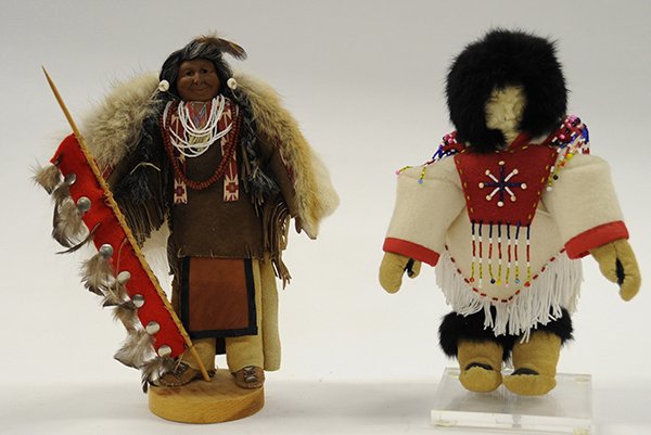 Native American dolls: (lot of 2) Native American dolls consisting of an Inuit appropriately dressed, and surmounted by a fine fur cap, together with a 'Spirit Maiden', 12"h