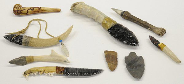 Modern knives with knapped obsidian blades and bone or: (lot of 9) Modern knives with knapped obsidian blades and bone or horn handles; together with (2) projectile points and a carved pipe Provenance: Property from the collection of the Dr. Mary Anne Warr