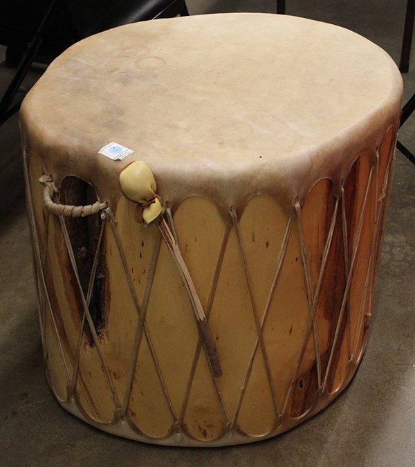Native American, southwest drum: Native American, southwest drum, Taos, New Mexico, having a natural hide tension playing surface, 22.5"h x 24"w