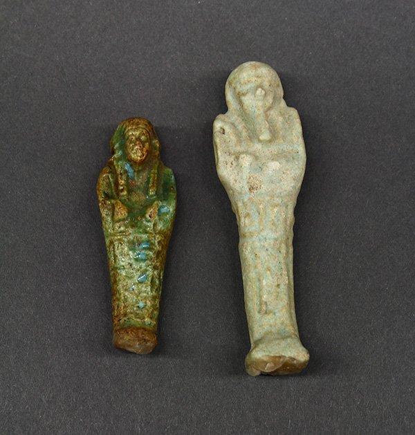 Egyptian Ushabti,: (lot of 2) Egyptian Ushabti, possibly ancient, one in faience, largest 3"l