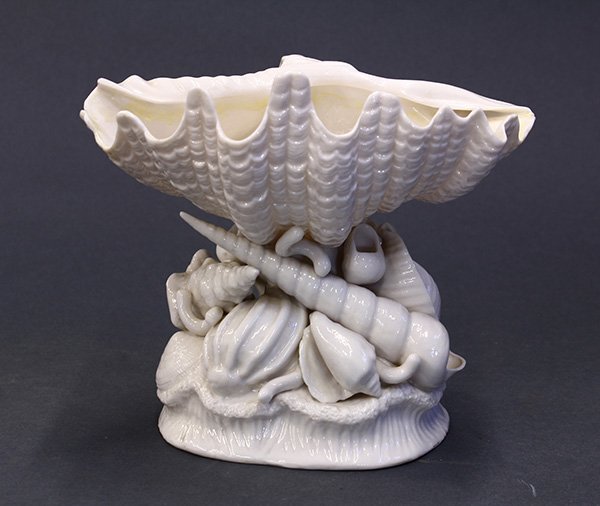Irish Belleek shell compote,: Irish Belleek shell compote, having clam shell resting on a mound of sea shells, with first black mark, 5"h x 6.5"w