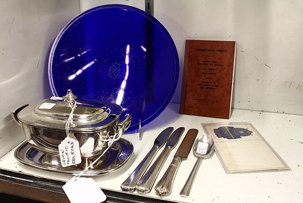Associated railroad memorabilia,: (lot of 8) Associated railroad memorabilia, consisiting of a Reed and Barton silver plated sauce boat tureen with lid and underliner used on Union Pacific lines, (4) pieces of silver plated flatware f