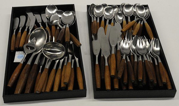 (lot of 63) Jens Quistgaard for Dansk stainless steal: (lot of 63) Jens Quistgaard for Dansk stainless steel and teak flatware set, consisiting of; (16) forks, (15) teaspoons, (8) table knives, (6) steak knives, (7) butter knives, (6) soup spoons, and (5)