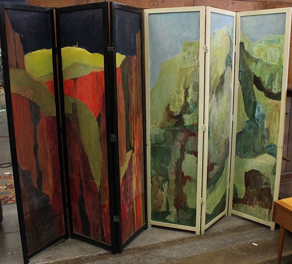 Hans Adam Mattes (1908 -1998) (Germany/America): (lot of 2) Hans Adam Mattes (1908 -1998) (Germany/America) abstract oils on board set into three panel screens, one in dark blues, reds, and brown with black frame, and the other in pastel greens, yel