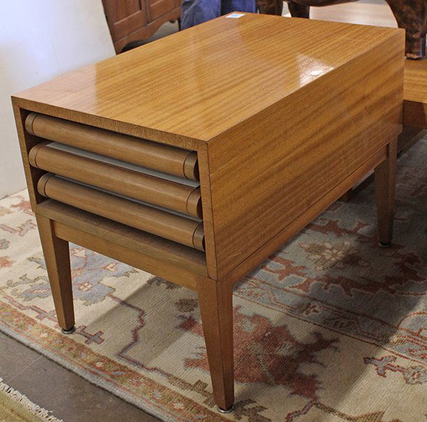 Pair of John Keal for Brown Saltman side tables,: Pair of John Keal for Brown Saltman side tables, executed in bleached mahogany, having rectangular tops each with with a compartment containing (3) collapsable serving trays, rising on tapered taperin