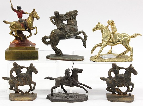 Bronze and metal sculptures depicting polo players: (lot of 6) Bronze and metal sculptures depicting polo players, including a bronze signed 'Pollani 1976,' a cold painted bronze book end by Armor, and a pair of cast iron bookends, tallest 9"h. Note: S
