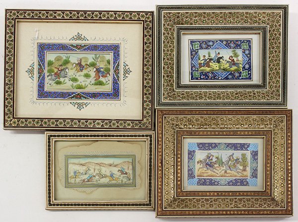 Mughul style miniature paintings of polo players: (lot of 4) Mughal style miniature paintings of polo players in ornate inlaid and polychrome decorated frames, largest, 7.5"h x 9"w. Note: Sold on behalf of the Bankruptcy Trustee. There is no Buyer's 