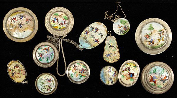 Mughul style dresser accessories,: (lot of 13) Mughal style dresser accessories, consisting of (2) pendants and a hand mirror, each having polychrome enamel decorated shell medallions depicting polo players; together with (7) silvered