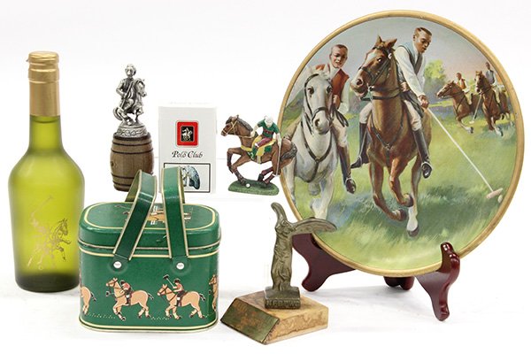 Three shelves of associated polo items,: Three shelves of associated polo items, including a Felix Polin Art Nouveau tin, (21) metal and lead polo players, a Persian style tile, smoking accessories, a pair of spurs, playing cards, figural sc