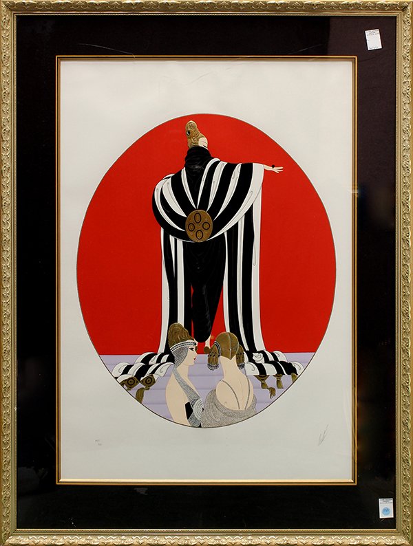 Print, Erte, Woman in a Fancy Shawl: Erte (Romain de Tirtoff) (Russian/French/American, 1892-1990), Woman in a Black and White Fanciful Shawl, serigraph with metalic applique, pencil signed lower right, edition 223/300, overall 49"h x 37