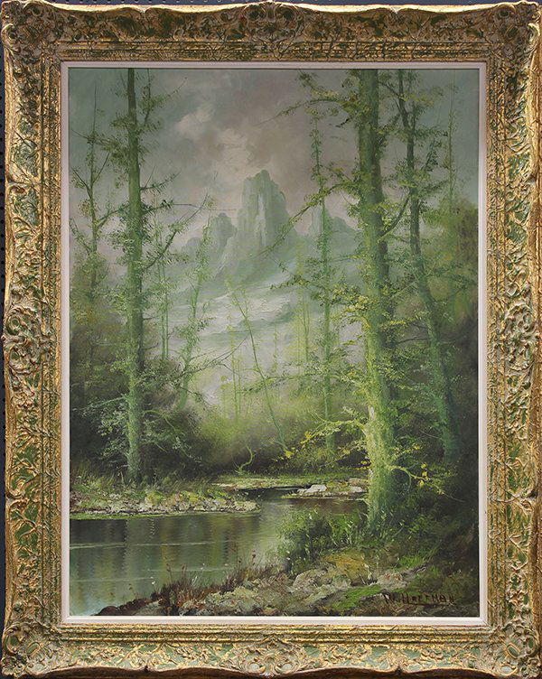Painting, River Landscape, W. Hoffman: River landscape, oil on canvas, signed W. Hoffman lower right, overall (with frame): 48"h x 38"w. Note: Sold on behalf of the Bankruptcy Trustee. There is no Buyer's Premium on this lot.