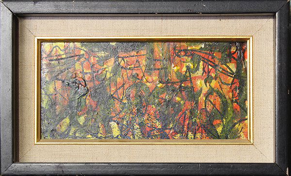 Pascal Cucaro, Abstract, oil on board: Pascal Cucaro (American, 1915-2004), Abstract Symphony, oil on board, unsigned, overall (with frame): 6.5''h x 10.5''w