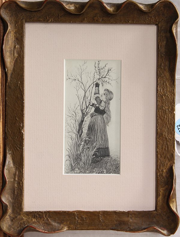Drawing, Young Maiden Picking Blossoms: Continental School (20th century), Young Maiden Picking Blossoms, pencil drawing, unsigned, overall (with frame): 9''h x 7.25''w