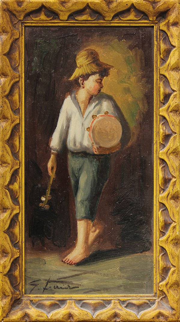 Painting, Portrait of a Boy with a Tambourine: Continental School (20th century), Portrait of a Boy with a Tambourine, signed indistinctly lower left, oil on panel, overall (with frame): 13.5"h x 7.5"w