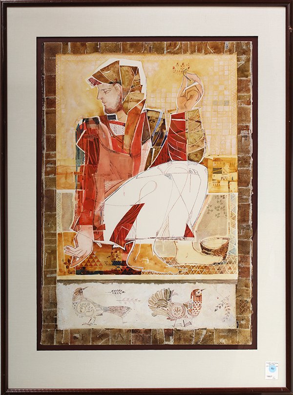 Collage, David Scott Mehr: David Scott Mehr (American, 20th century), ''Francis,'' mixed media collage, signed lower right, overall (with frame): 39''h x 29''w