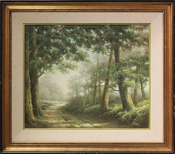 Painting, Ray Summer, Misty Path Through the Trees: Ray Summer (American, 20th century), Misty Path Through the Trees, oil on canvas, signed lower right, overall: 29"h x 33"w