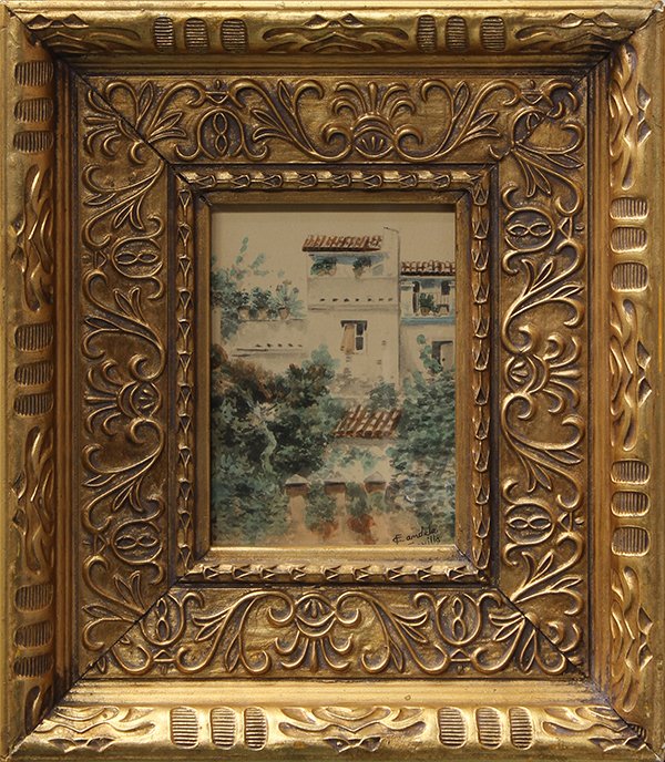 Watercolor, Contitental School (20th century), Spanish: Continental School (20th century), Spanish Villa, watercolor, signed ''Camdela Sevilla'' lower right, overall (with frame): 14.25''h x 12.25''w