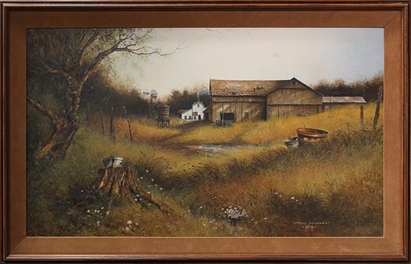 Painting, Keith Sluder, Spring Whispers, 1977: Keith Sluder (Californian, 20th century), "Spring Whispers," 1977, tempera on board, signed, titled and dated lower right, overall: 28.5"h x 44.5"w