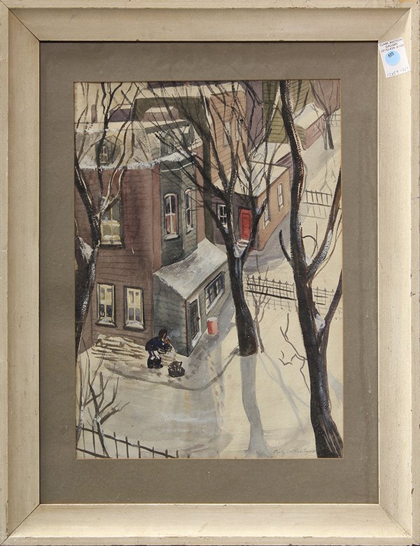 Watercolor, American School (20th c.), City Snow Scene: American School (20th century), City Snow Scene with Figure, watercolor, signed "Mary Watterick Evans" lower right, overall: 27"h x 21.25"w