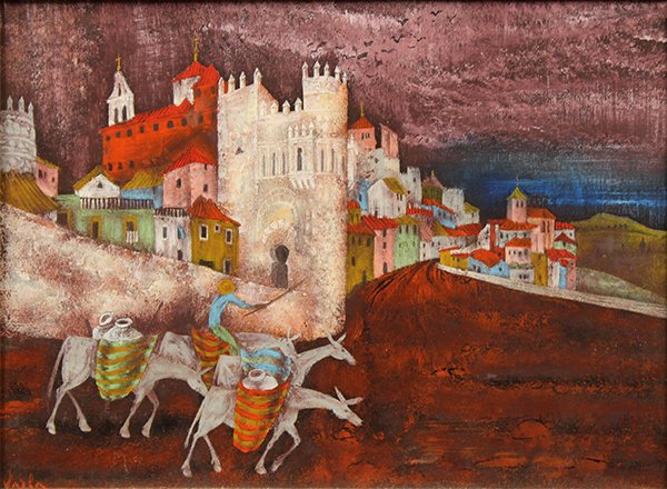 Felix Varlamishvili, Village Street Scene, oil pastel: Felix Varlamishvili (French/German, 1903-1986), Village Street Scene, oil pastel on paper, signed lower left, sight: 11.5"h x 15.5"w, overall (with frame): 20"h x 24.25"w