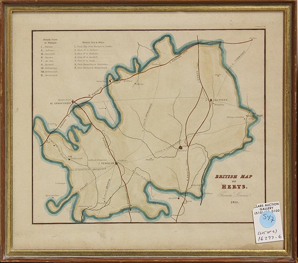 (lot of 6) 19th Century Maps of Hertfordshire: (lot of 6) Copper engraved maps of Hertfordshire, England including, maps by Thomas Lema, 1814; J & C Walker after a drawing by R. Creighton for Lewis' Topographical Dictionary; J. Archer, Pentonville