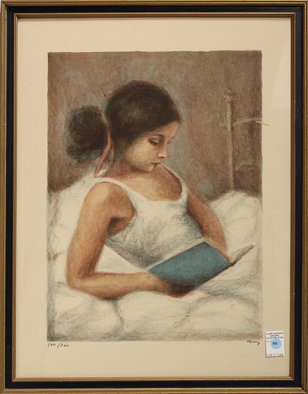 Print, Girl with a Book: American School (20th century), Girl Enjoying a Book in Bed, hand-colored lithograph, pencil signed indistinctly lower right, edition 190/260, overall (with frame): 27.75"h x 21.5"w