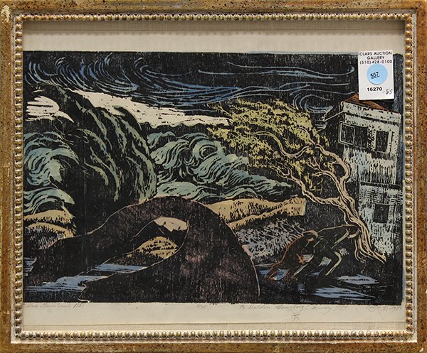 Print, American School, Escaping the Storm: American School (20th century), Escaping the Storm, 1951, hand-colored woodblock print, pencil signed indistinctly lower right, dedicated to Sheldon C. Schoneberg lower right, titled indistinctly lowe