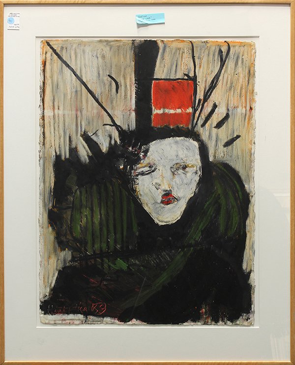 Works on paper by Michael Hafftka: (lot of 2) Michael Hafftka (American, b.1953), Figure with Red Hat & Figure with Red Coat, circa 1989, mixed media on paper, one signed and dated, overalls (each with frames): 42.5''h x 32.5''w
