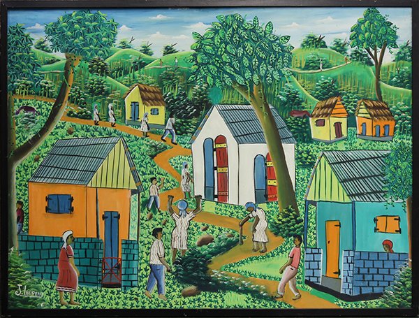 Painting, Village Scene with Figures: J. Laurent, Tropical Village Scene with Figures, oil on canvas, signed lower left, overall: 31"h x 41"w