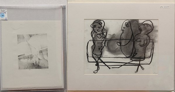 Print and Drawing: (lot of 2) Dan Welden (American, Contemporary) / Manner of Philip Guston (American, 1913-1980), ''XXI'' / Three Figures (2003), lithograph / charcoal on paper, signed and watermark lower right / initi