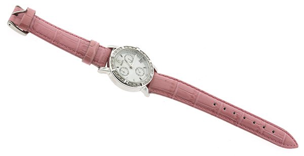 Lady's Bulova diamond stainless steel chronograph watch: Lady's Bulova diamond and stainless steel chronograph watch quartz movement, chronograph, date at 4, stainless steel case with rectangular pushers, (16) single cut diamonds in bezel, C 837352, pink st