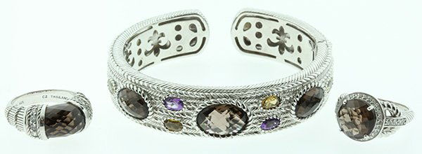 Collection of Judith Ripka gemstone and sterling silver: Collection of Judith Ripka gemstone and sterling silver jewelry Including a smoky quartz, amethyst and citrine bangle bracelet, together with two smoky quartz rings, 101.8 grams