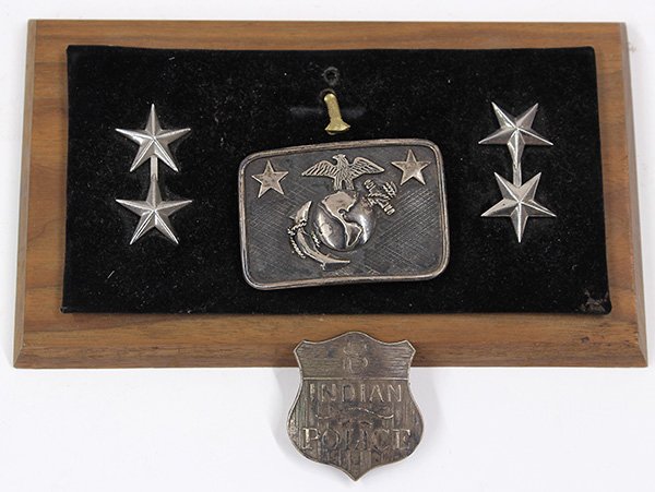Native American related silver items,: (lot of 2) Native American related silver items, consisting of a sterling belt buckle presentation made by Kenneth Begay of White Hogan for Lt General John McQueen (1899-1985), having the U.S. Marine 