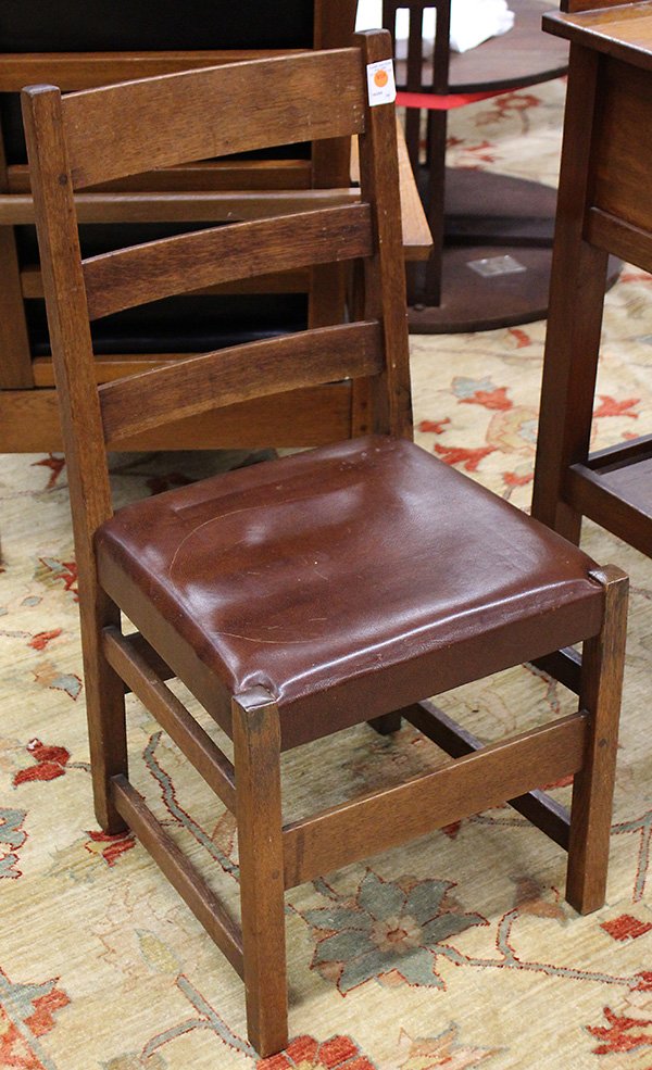 Arts and Crafts L & J: Arts and Crafts L & J.G Stickley side chair model 360, executed quartersawn oak, having three steam bent back supports and rising on square legs, marked with "Work Of..." label, 36"h