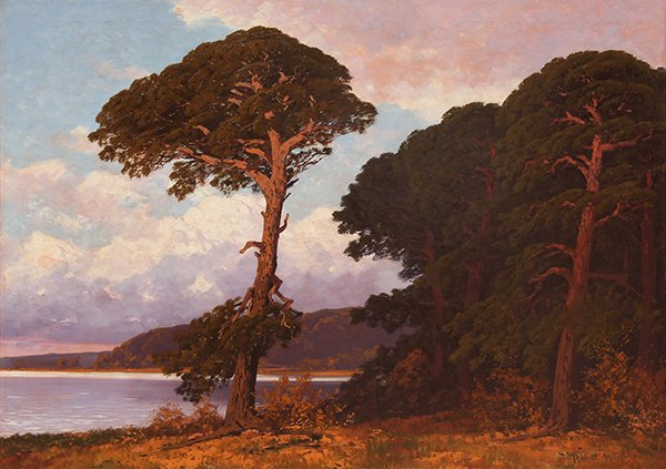 Painting, Robert William Wood, Twilight, Monterey: Robert William Wood (American, 1889-1979), Twilight, Monterey, oil on canvas, signed lower right, canvas: 27.75"h x 39.5"w, overall (with frame): 38"h x 49.75"w