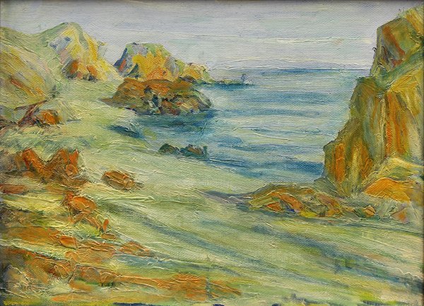 Painting, Selden Gile, Seascape with Hills: Selden Connor Gile (American, 1877-1947), "Seascape with Hills," oil on canvas, unsigned, title label (Maxwell Galleries, San Francisco, CA) affixed verso, canvas: 12"h x 16"w, overall (with frame): 2