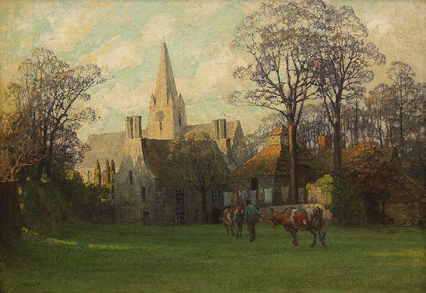 Painting, Anna Richards Brewster, Evening Sunset: Anna Richards Brewster (American, 1870-1952), Evening Sunset, oil on canvas, signed lower left, canvas: 25"h x 36"w, overall (with frame): 32.25"h x 43.25"w